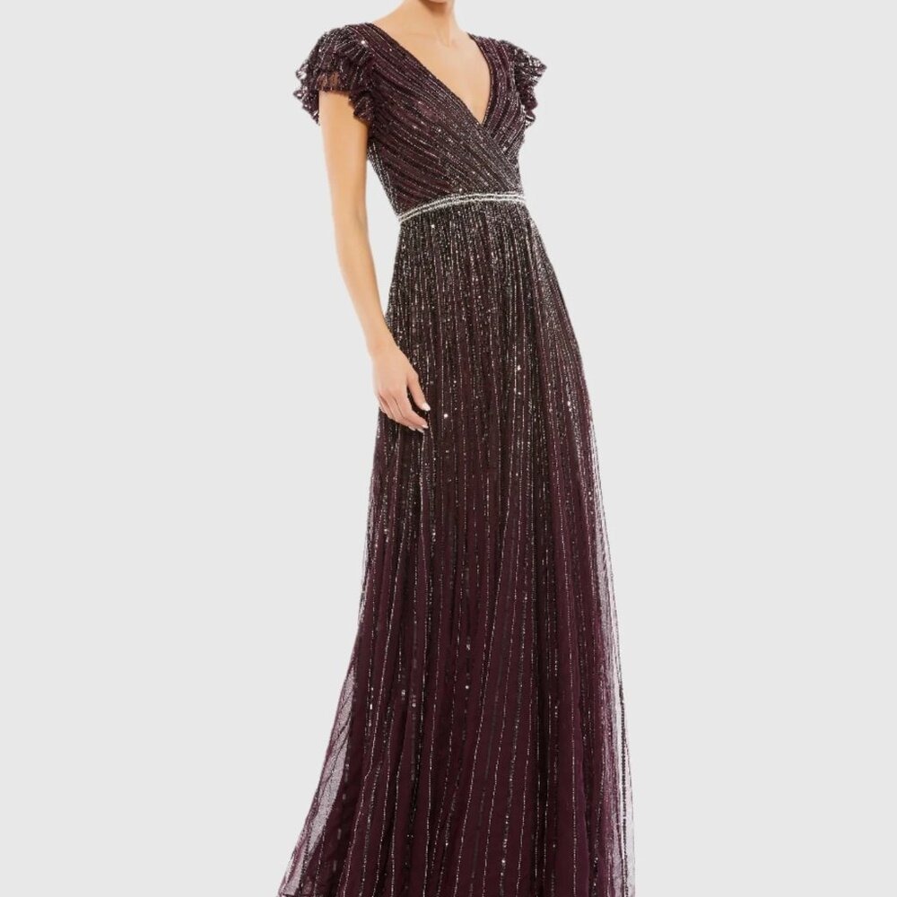 Mac Duggal Sz 6 Sequined Wrap Over Ruffled Cap Sleeve Gown Blackberry NWT  5502